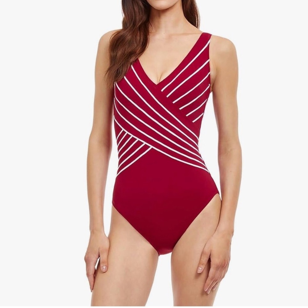 Gottex Embrace Raspberry White V-Neck Surplice One Piece Swimsuit Size 6 Small